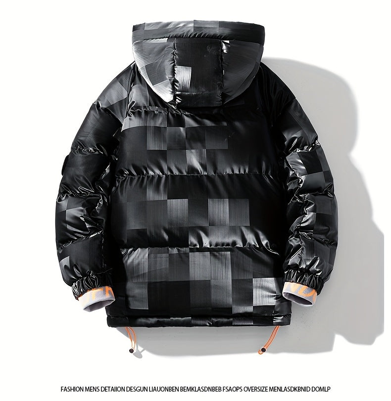 Men's Checkered Graphic Print Padded Outwear With Pockets, Casual Zip Up Long Sleeve Warm Hooded Outwear For Winter Outdoor Activities