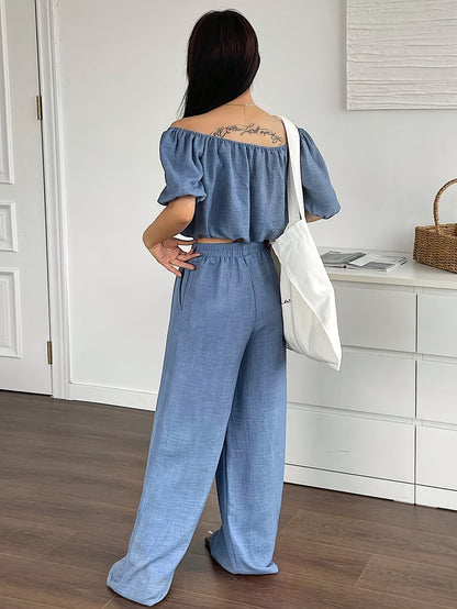 Women's Summer Solid Color Off-Shoulder Puff Sleeve Crop Top and Loose Wide-Leg Pants Two-Piece Set