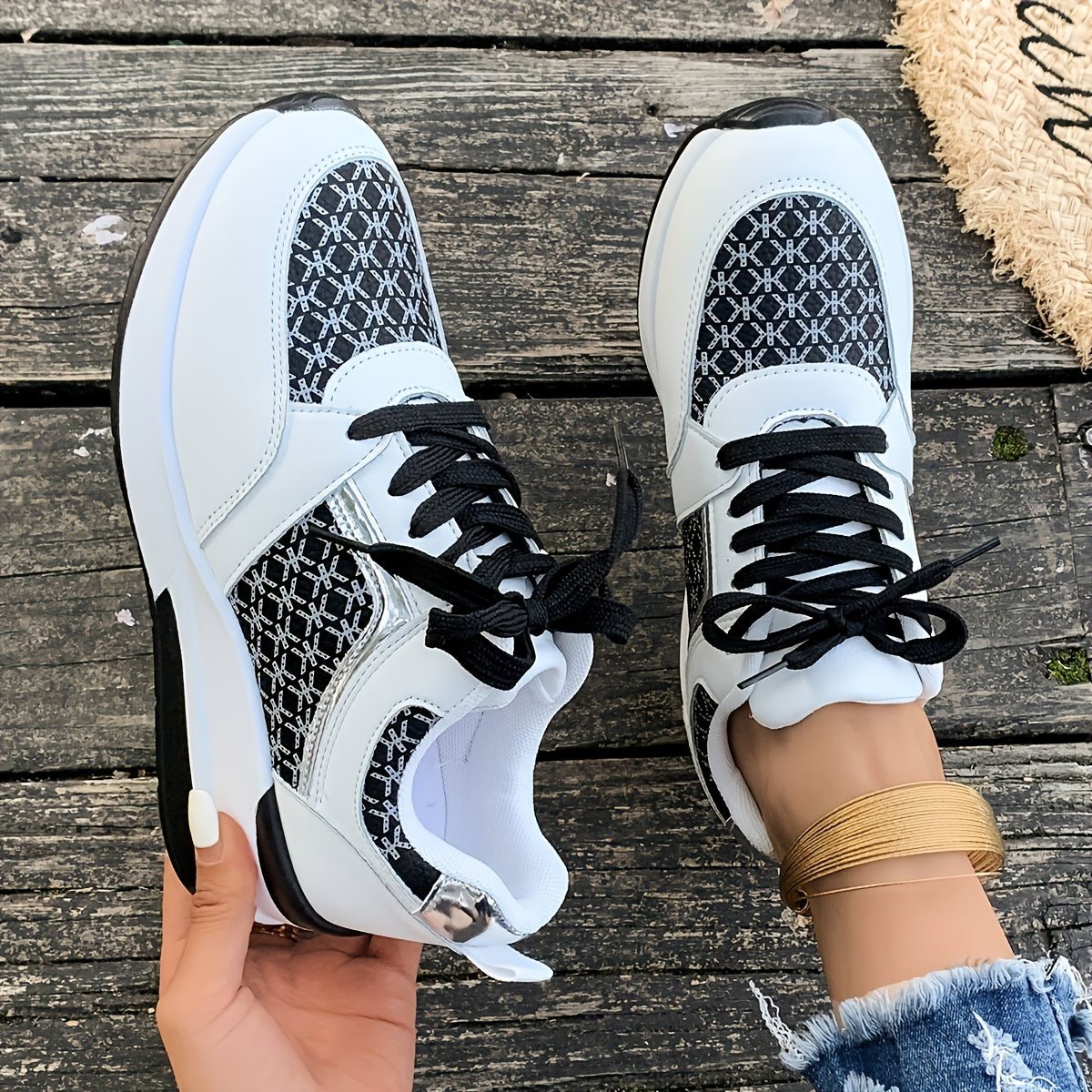 Women'S Plus Size Casual Sneakers - White Synthetic Cover Low-Top Lace-Up Shoes with Golden-Tone Accents, EVA Sole  Breathable Fabric Lining for Summer Comfort, Ladies Sneakers, Comfortable Footwear, Durable Footwear