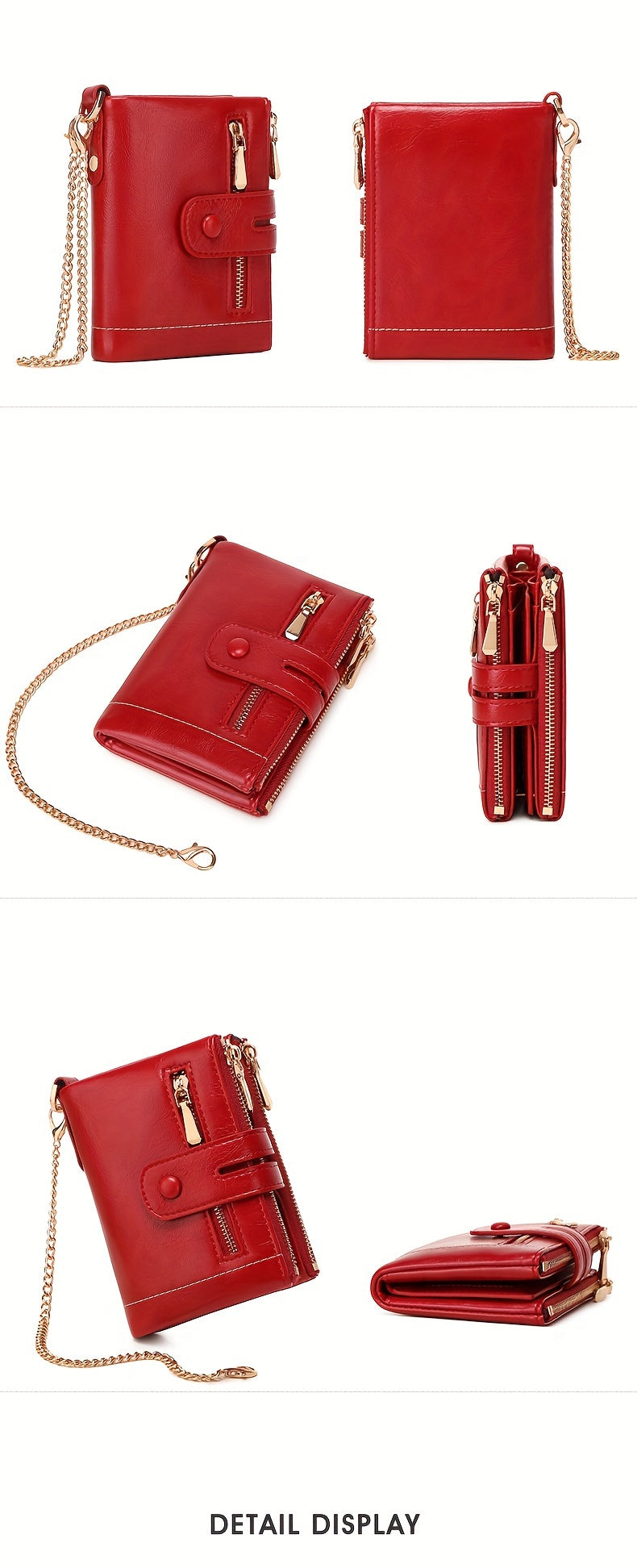 MIYIN Women'S & Men'S Red Bifold Wallet with Anti-Theft Chain Lock, Golden-Tone Hardware & Removable ID Window - Multi-Compartment Organizer with Card Slots