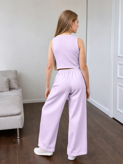 Girls' Summer Casual Set: Vest and Wide-Leg Pants Outfit