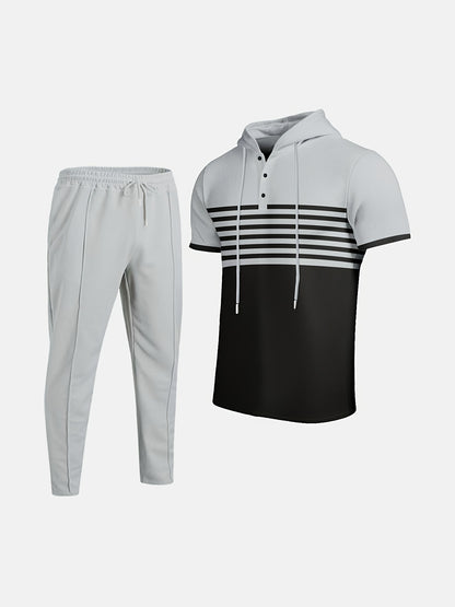 Men'S Summer Casual Sportswear Set, Striped Patchwork Short Sleeve, Polyester Material, Suitable for Leisure and Sports Outings, Fashionable and Trendy, with Drawstring Belt and Pockets, Ideal for Summer Activities, Hooded Sh