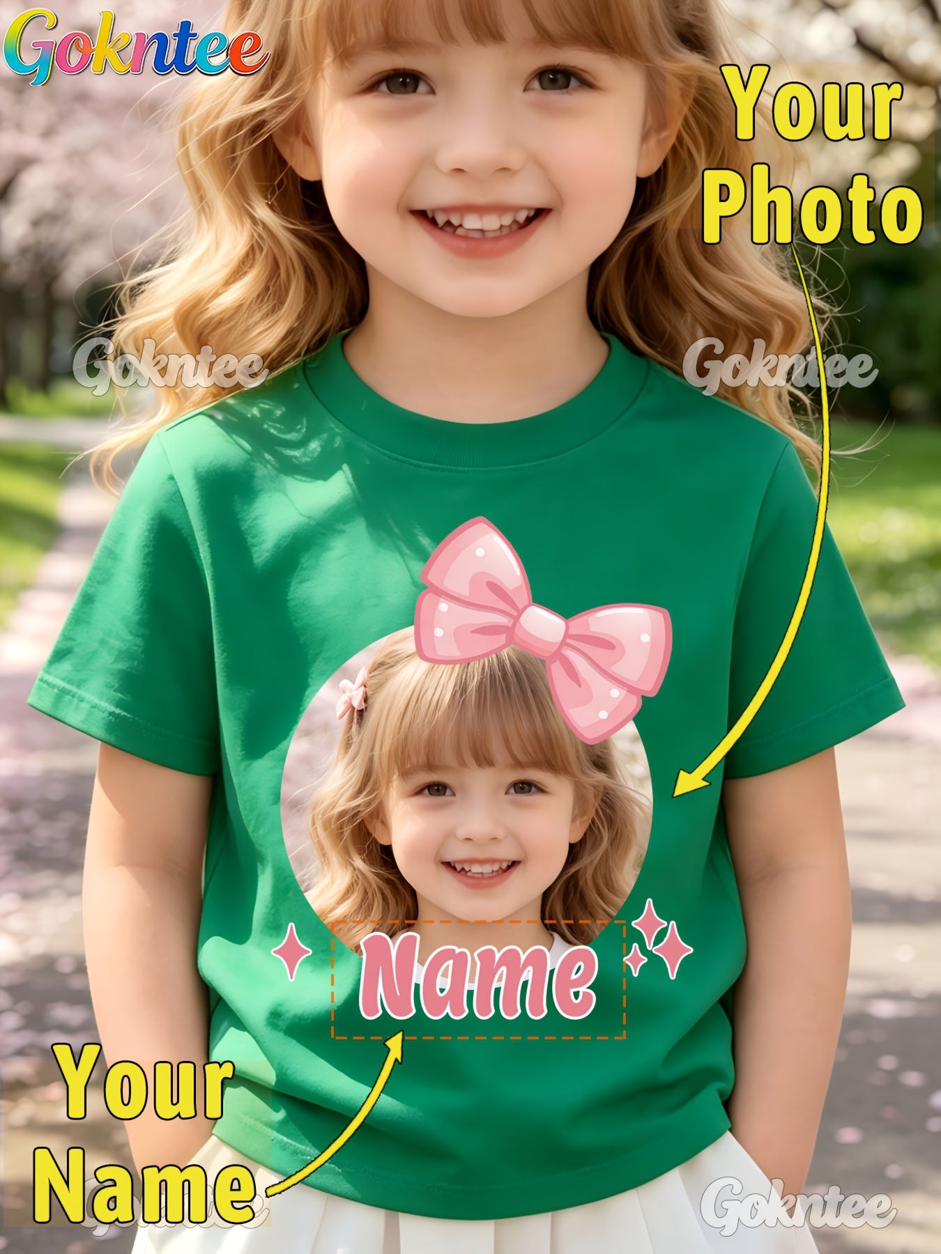 Girls' Personalized Cartoon T-Shirt with Pink Bow, Crew Neck
