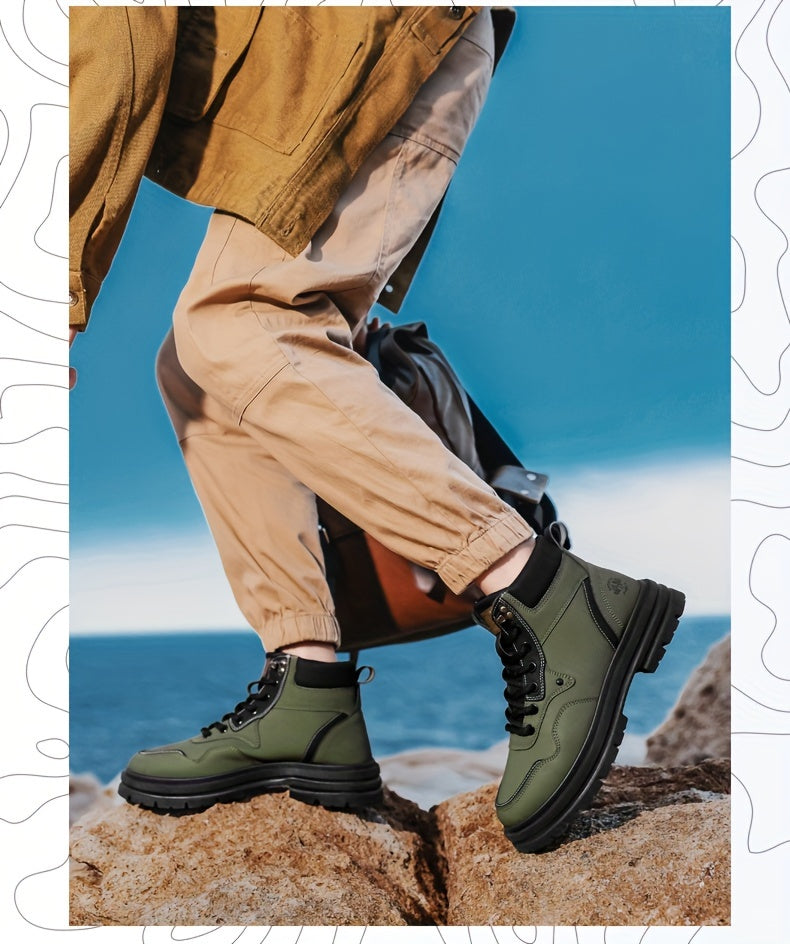 Men's Trendy Solid Ankle Boots, Comfy Non Slip Lace Up Durable Shoes for Men's Outdoor Activities