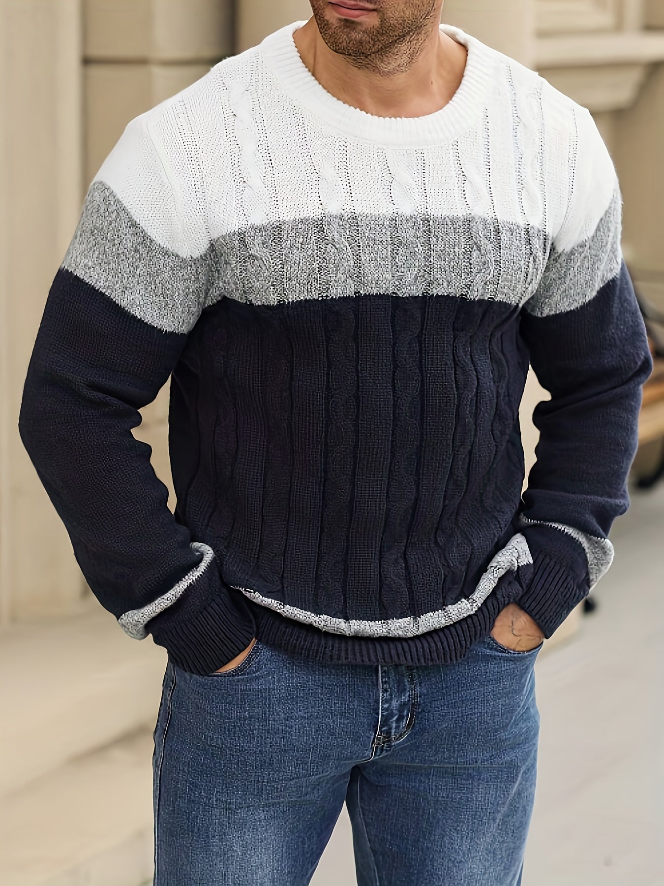 Men's Autumn/Winter Casual Color-Block Twist-Knit Pullover Sweater