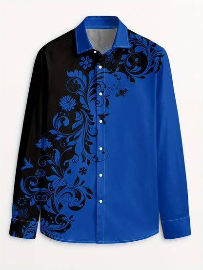 Men'S Casual Floral Print Dress Shirt - Black & White Swirl Design, Button-Up Collar, Long Sleeve, Regular Fit for Spring/Fall, Versatile for Casual & Formal Wear, Spring Fashion, Nonelastic Fabric, Elegant Shirt For Men, Lon