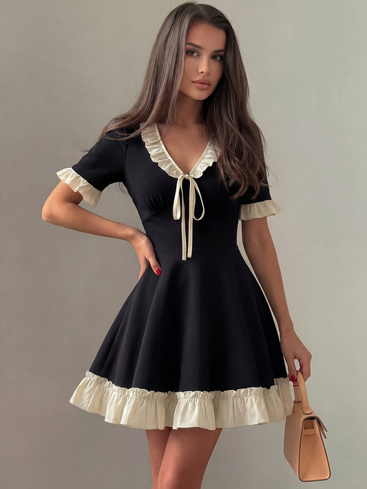 Women's Elegant V-Neck Color-Block Ruffle Tie-Waist A-Line Dress