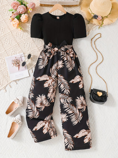Girls' Summer Floral Top and Wide-Leg Pants Set with Waist Tie