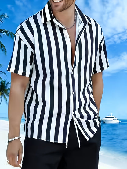 Men's Summer Striped Short Sleeve Shirt and Shorts Set