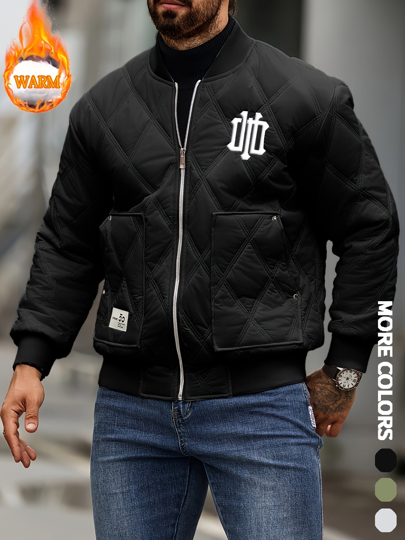 Men's Heavy-Duty Winter Jacket with Thick & Windproof, White Coat with Black Logo & Lettering, Large Zippered Pocket, Machine Washable - Casual Outerwear for Skiing, Travel, Streetwear (Regular Fit), Winter Jacket For Men, Me