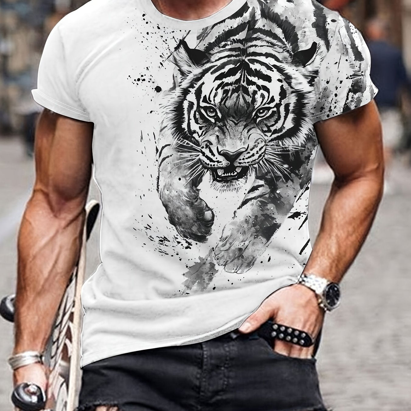 Men'S 3D Tiger Print T-Shirt - Casual Streetwear Short Sleeve, White with Black  Gray Tiger Design, Comfortable Summer Polyester Tee for Casual Attire, Urban Style Apparel   Tiger Graphic Tee   Quality Embroider