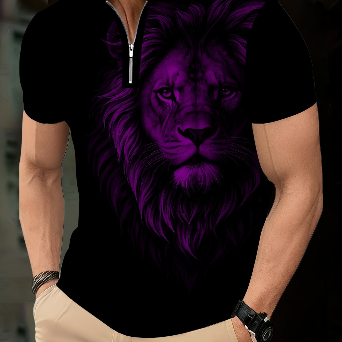Men's Zip Shirt Short Sleeve Summer Trendy Lion Print Collar T-Shirt Business Casual Slim Fit Men's Top Women's Clothing