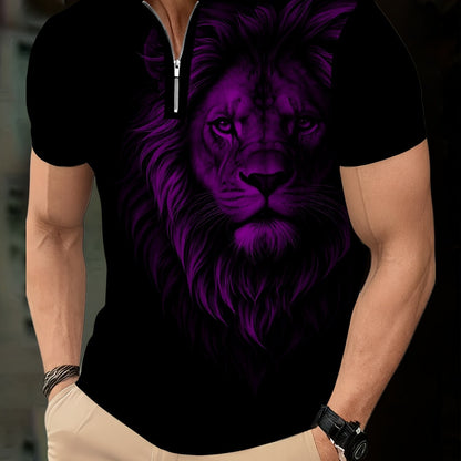 Men's Zip Shirt Short Sleeve Summer Trendy Lion Print Collar T-Shirt Business Casual Slim Fit Men's Top Women's Clothing