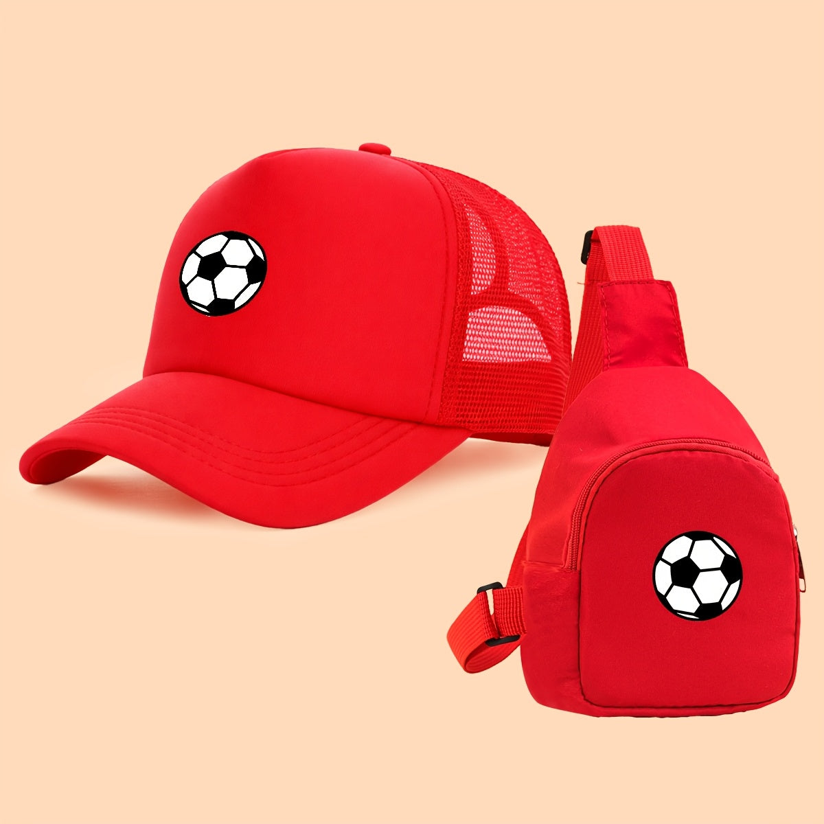 Kids Breathable Soccer Print Baseball Cap & Crossbody Bag Set