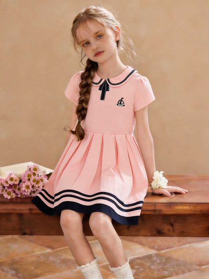 Girls' Summer Preppy Bow Dress with Sailor Collar and Pleated Skirt