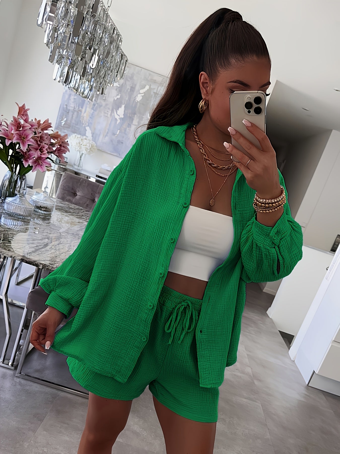 Women's Cotton Cardigan & Shorts Set Casual Long Sleeve