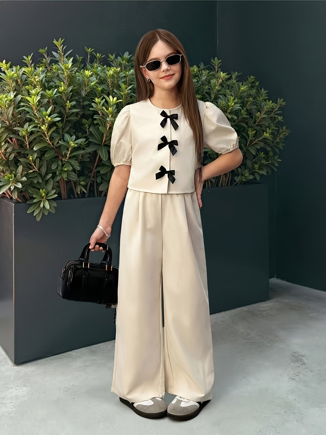 Girls' Casual Puff Sleeve Top & Pants Set for Spring Summer
