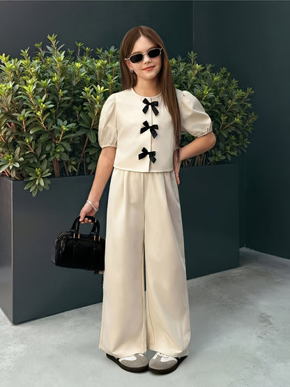 Girls' Casual Puff Sleeve Top & Pants Set for Spring Summer