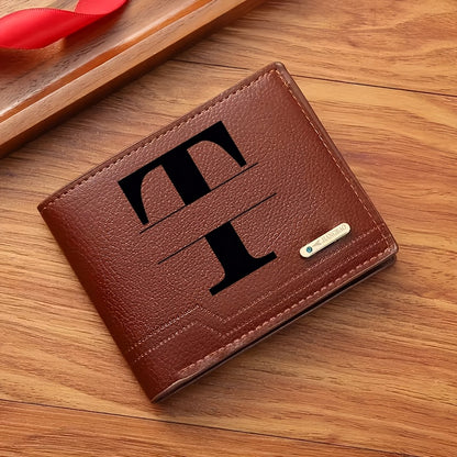 1pc Men's Business Style Faux Leather Wallet, Customizable Text and Initials, Solid Color Faux Leather with Contrast Accents, Compact Short Bifold Design for Easy Carrying - Perfect Birthday Gift for Boyfriend and Father, Per