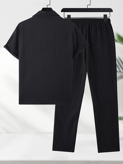 Men's Casual Patchwork Lapel Shirt and Pants Suit for Summer