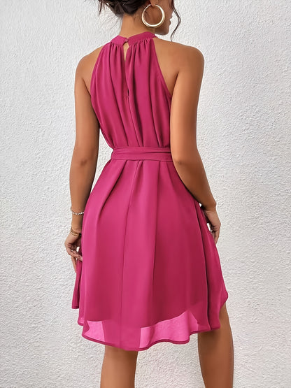 Women’s Solid Color Chiffon Halter Neck Summer Dress with Belt