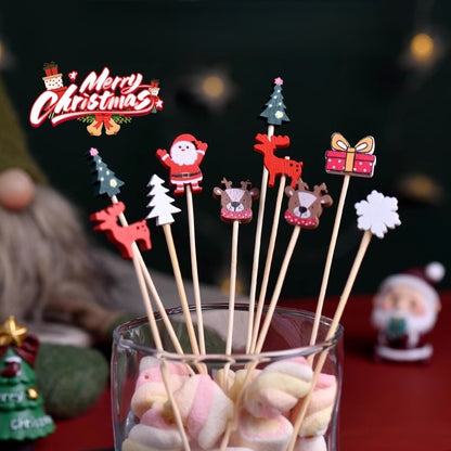 100pcs Festive Christmas Fruit Skewers with Santa, Reindeer, Snowflake & Tree Designs - Disposable Bamboo Picks for Parties, Desserts, Cocktails & Hamburgers, Christmas Dessert Decorations, Durable Fruit Skewers