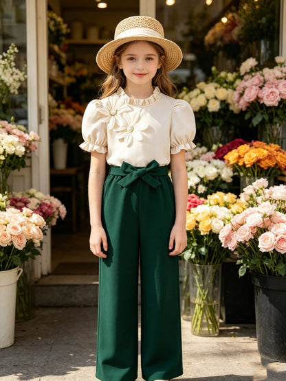 Girls' Casual 2-Piece Short Sleeve Top & Wide-Leg Pants Set