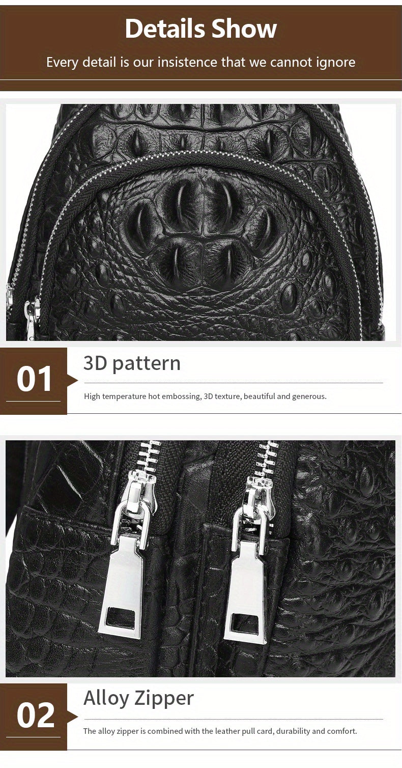 SCHLATUM Genuine Leather Crocodile Pattern Sling Bag - Black, Large-Capacity Multifunctional Crossbody Backpack for Travel, Sports  Camping, Stylish Zipper Closure Design