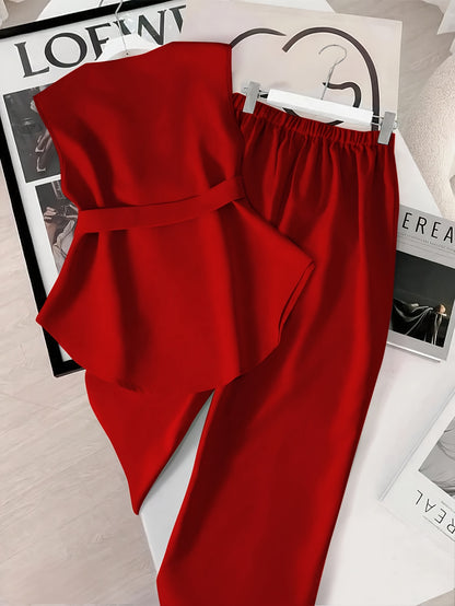 Women's Fashionable Set in Solid Color Top with Straight-Leg Pants, 2pcs Set for Elegant Style