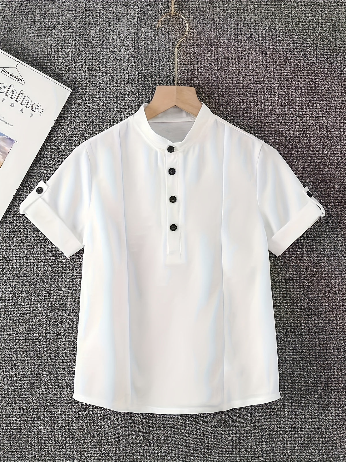 Boys' Short Sleeve Stand Collar Shirt with Contrast Buttons