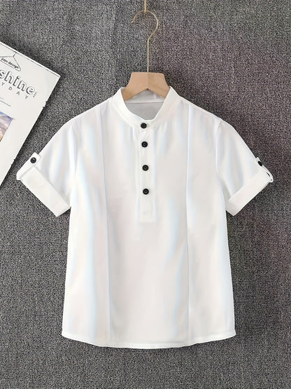 Boys' Short Sleeve Stand Collar Shirt with Contrast Buttons