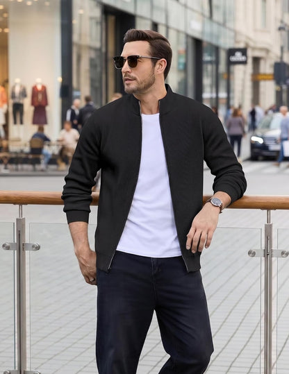 Men's Casual Zip-Up Knitted Cardigan Sweater with Stand Collar