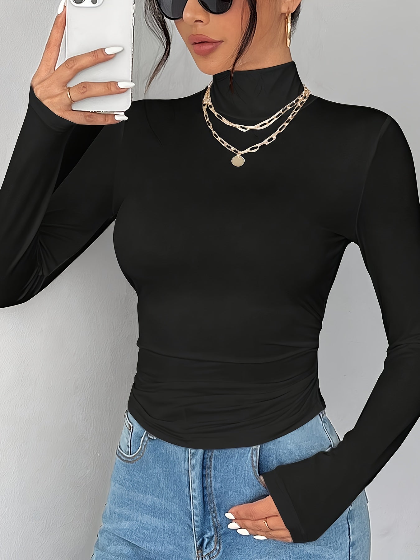 Women'S Elegant High Neck Long Sleeve T-Shirt - Soft Stretchy Solid Color Top for Spring Summer Fall, Versatile Casual & Formal Wear, Machine Washable, Seasonal Fashion, Sophisticated Style, Comfortable Fit, Stylish Blouse, F