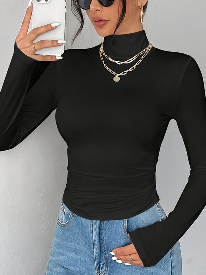 Women'S Elegant High Neck Long Sleeve T-Shirt - Soft Stretchy Solid Color Top for Spring Summer Fall, Versatile Casual & Formal Wear, Machine Washable, Seasonal Fashion, Sophisticated Style, Comfortable Fit, Stylish Blouse, F
