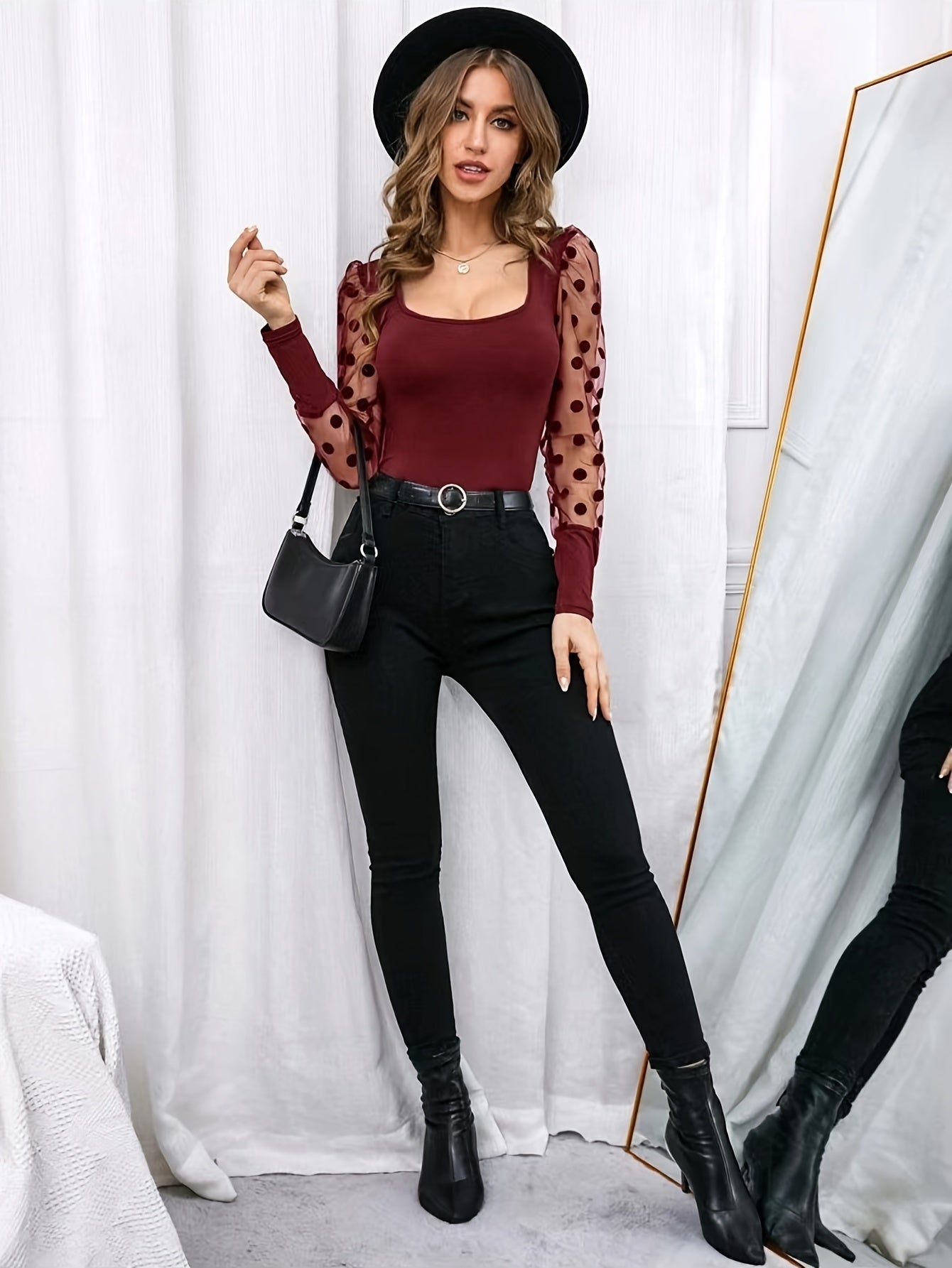 New Style U-Neck Mesh Spliced Polka Dot Long Sleeve Solid Color Fitted Casual Versatile Top