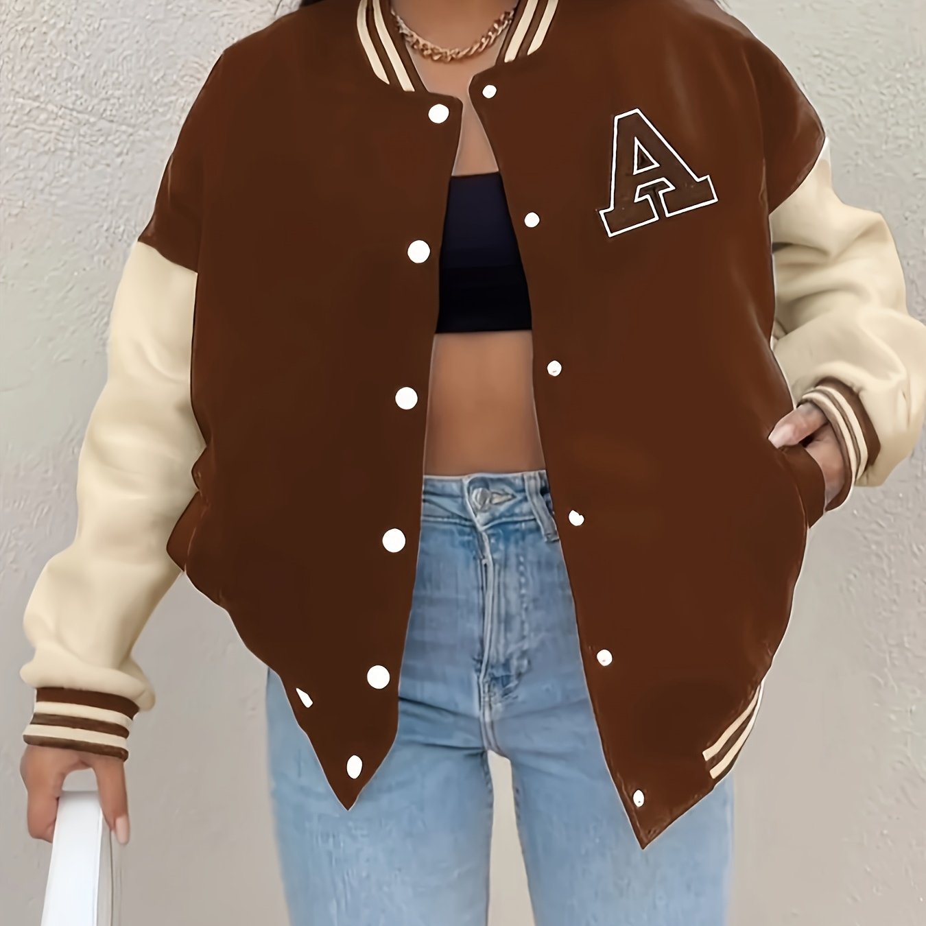 Women'S Casual Long Sleeve Baseball Jacket with "A" Letter Detail - Black & Beige Two-Tone Design, Button-Up Front, Flap Pockets, Fall/Winter Fashion Outerwear, Autumn Winter Apparel | Buttonup Jacket | Functional Pockets