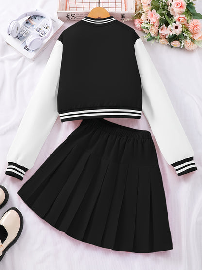 Girls' Preppy Baseball Collar Top and Pleated Skirt Set