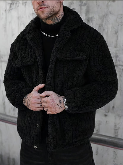 Men's Winter Jacket with Black & White Striped Collar & Single-Breasted Button Front - Soft Short Pile Outer Coat, Machine Washable Casual Outerwear for Cold Weather, Formal & Everyday Use (No), Casual Winter Jacket Men, Ligh