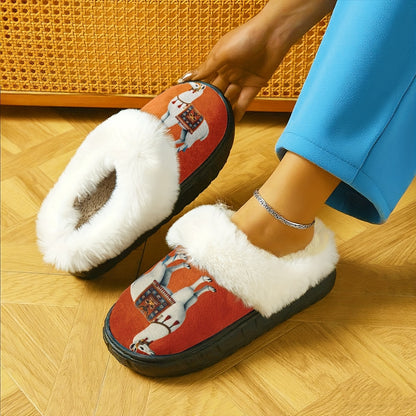 Unisex Winter Print Snow Slippers - Round Toe Warm /Outdoor House with Alp for men & Women, Cozy Sole & Soft Fabric Upper, Ideal Christmas/New Year Gift (Orange Animal Design)