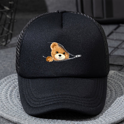 Kids' Breathable Mesh Baseball Cap with Teddy Bear Design - Adjustable Snapback, Sun-Protective Trucker Hat for Boys & Girls, Black