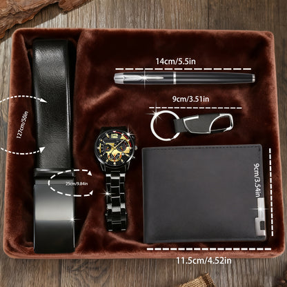 5pcs Men'S Business Set Including a Quartz Watch, a Business Belt, a Wallet, a Pen, And a Keychain