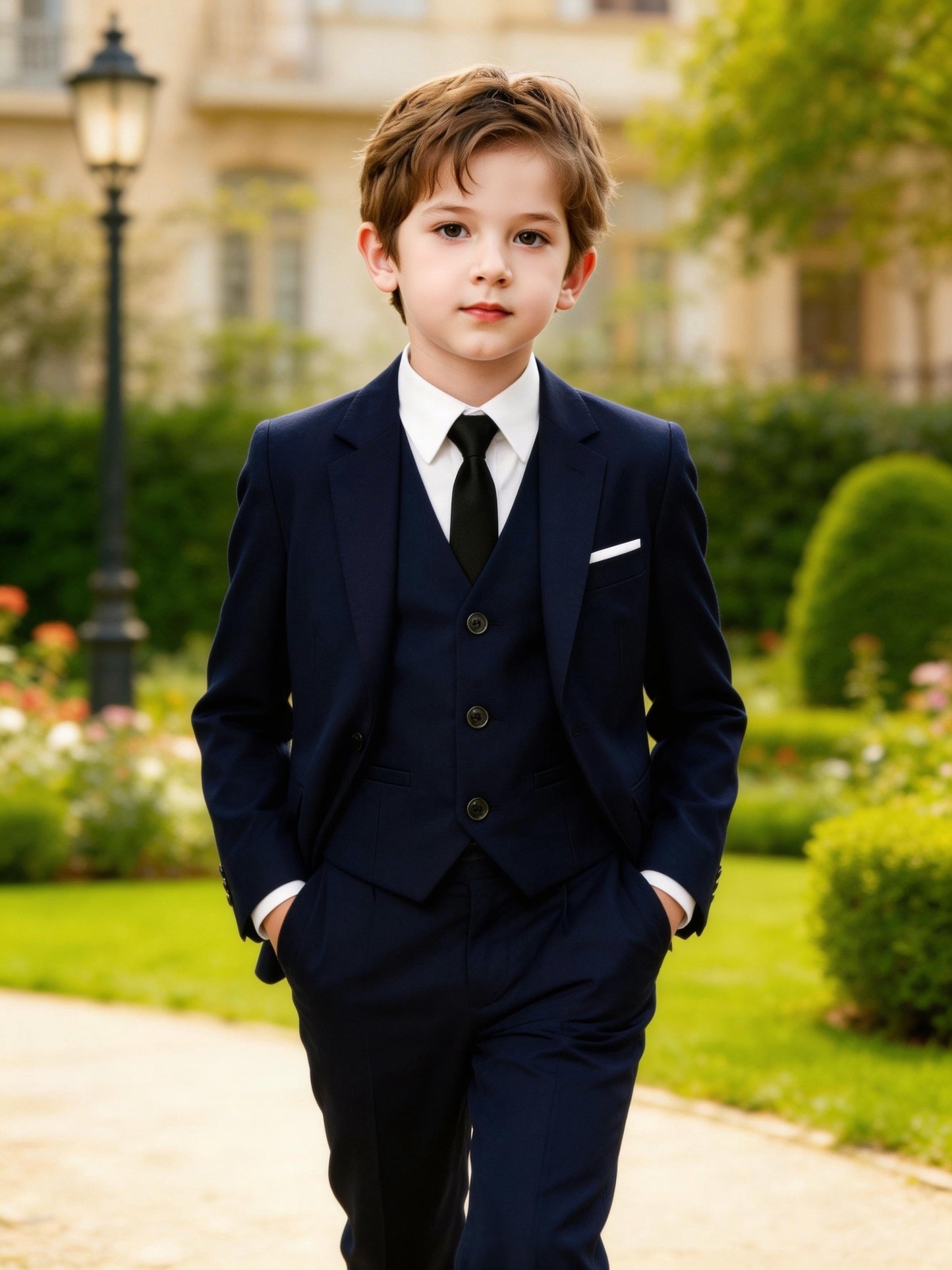 Boys' Korean Style 4-Piece Suit Set with Jacket, Vest, Pants, Tie