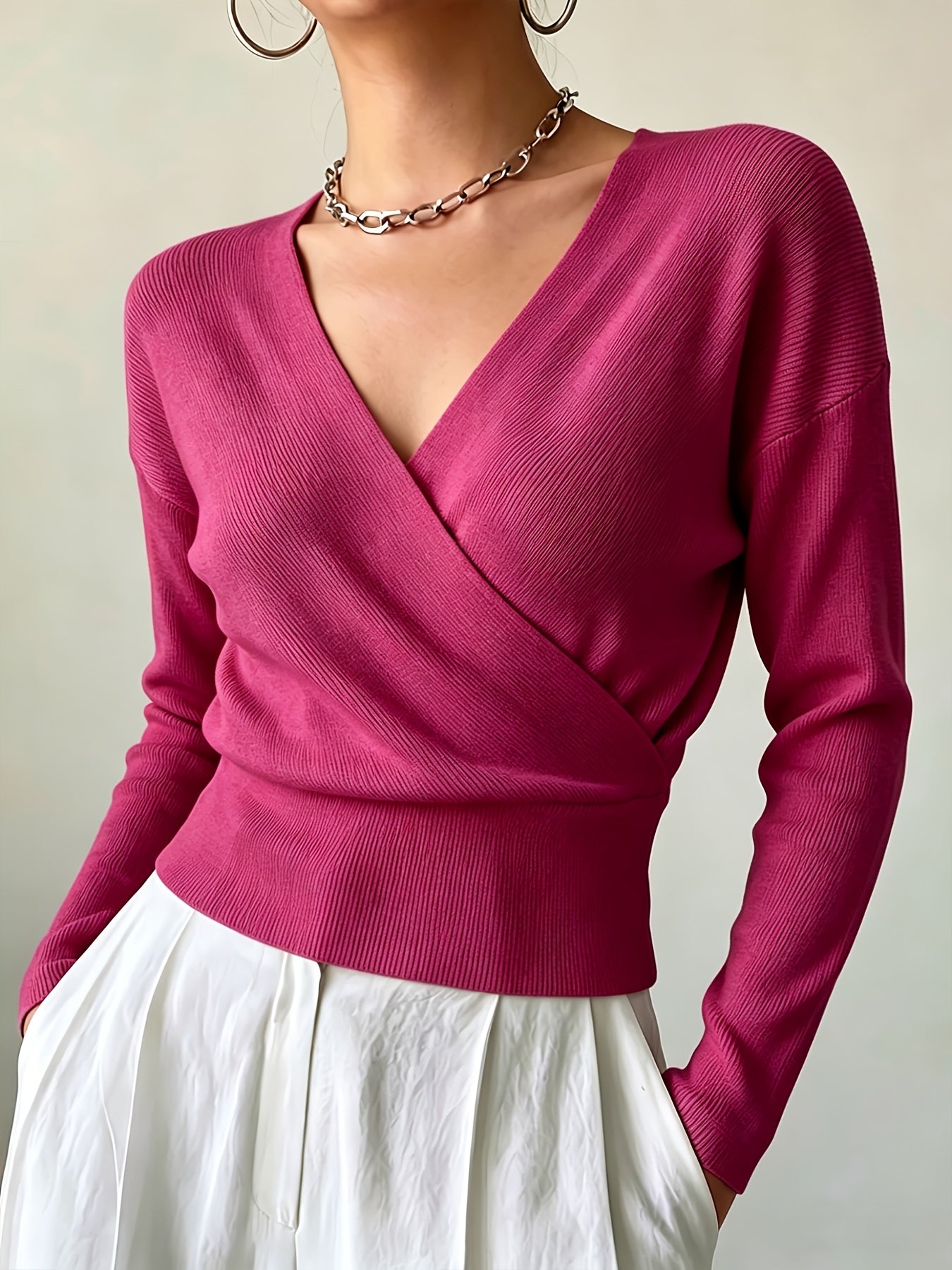 Women's Elegant Cross-Collar V-Neck Pullover Knitwear for Fall/Winter