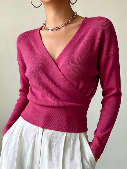 Women's Elegant Cross-Collar V-Neck Pullover Knitwear for Fall/Winter