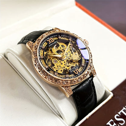 Vintage Hollow Carved Automatic Mechanical Men'S Watch, Fashionable Luxury Men'S Watch, High-end Thickened Mechanical Style Hip-Hop Party Wristwatch, Without Battery