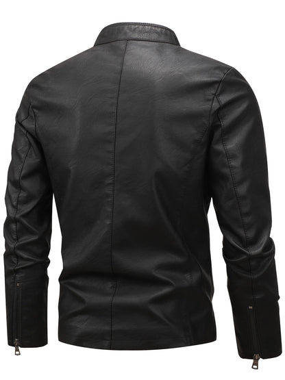Men's Casual Baseball Collar PU Jacket with Zipper