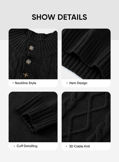 Men's Cable Knit Henley Sweater with Ribbed Stand Collar