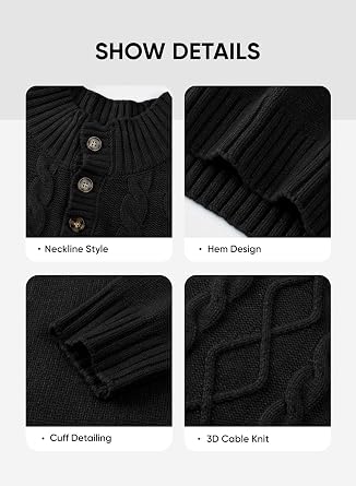 Men's Cable Knit Henley Sweater with Ribbed Stand Collar
