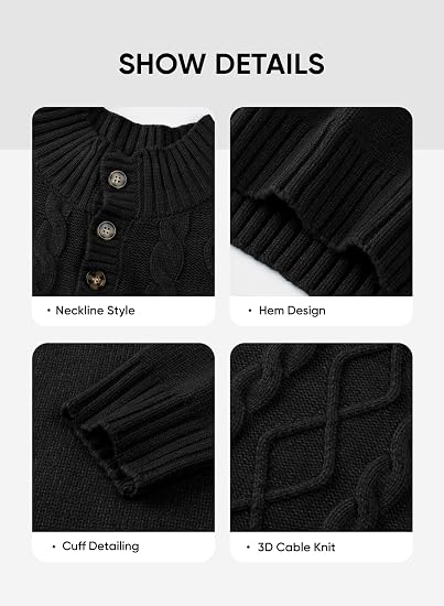 Men's Cable Knit Henley Sweater with Ribbed Stand Collar