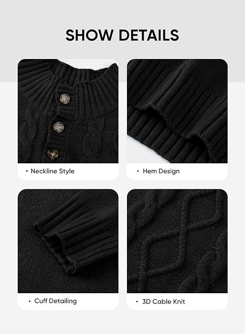 Men's Cable Knit Henley Sweater with Ribbed Stand Collar